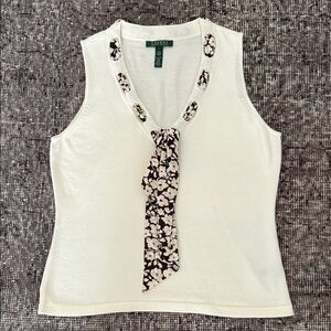 Ralph Lauren Ivory Sleeveless Blouse with Brown / Beige Silk Floral Accent
